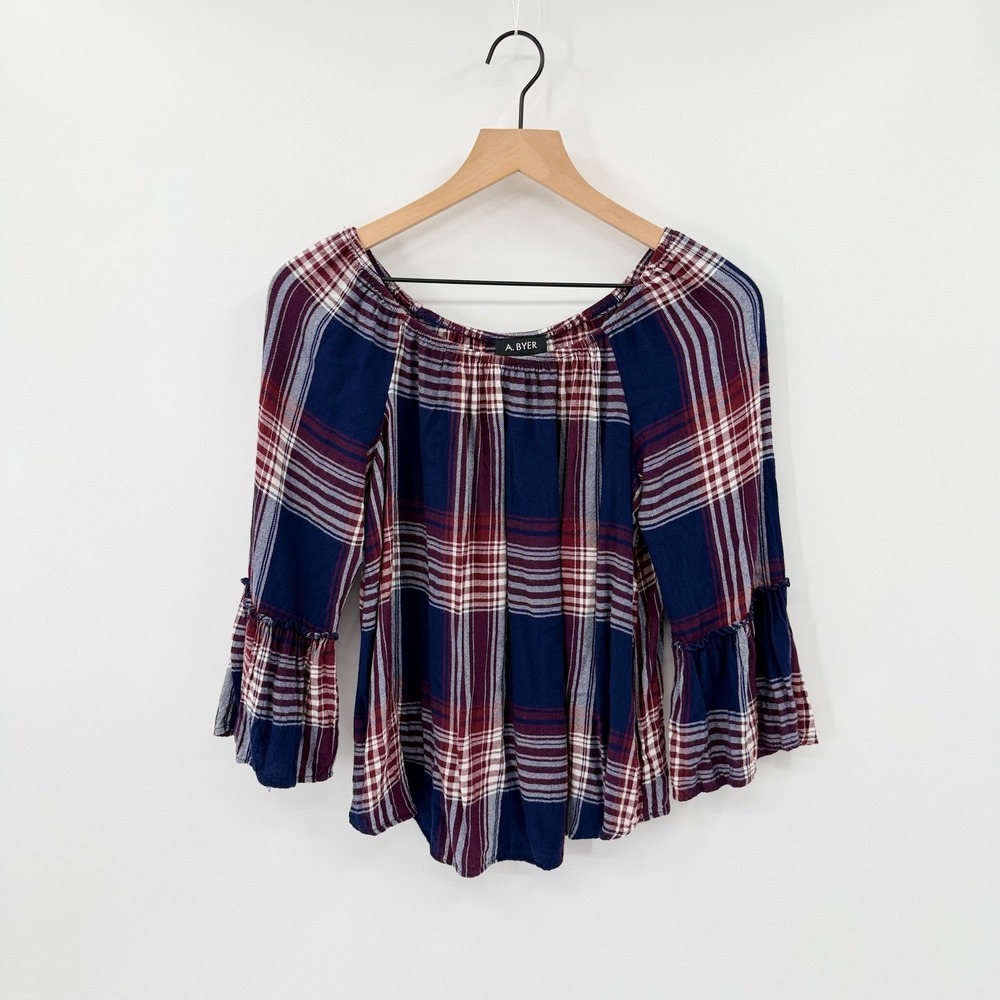 A. Byer Plaid Off Shoulder Bell Sleeve Peasant Top Size M Boho Western Fall